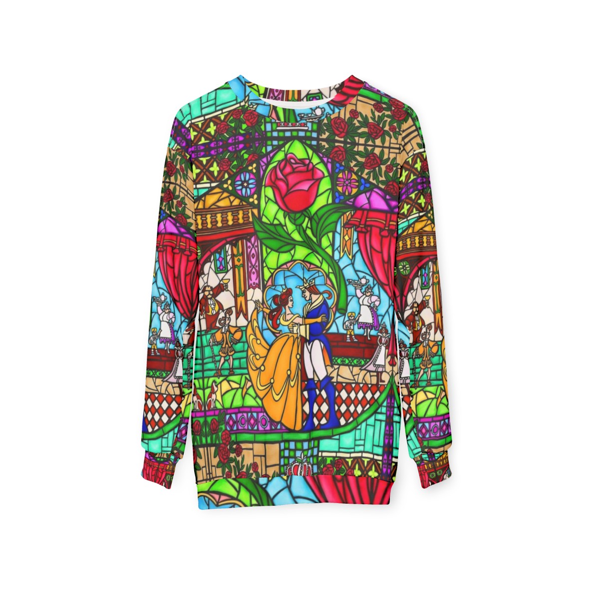 Stained glass window sweatshirt with rose pattern - hanging