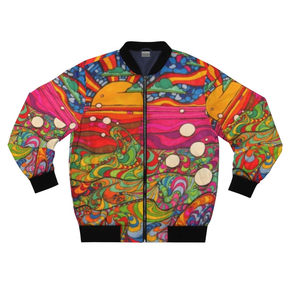 Psychedelic trippy colorful vintage bomber jacket with abstract geometric and native American inspired patterns