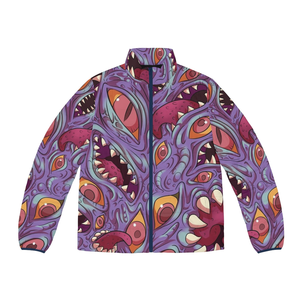 Lovecraftian puffer jacket with R'lyeh whiskey design, inspired by H.P. Lovecraft's Cthulhu mythos