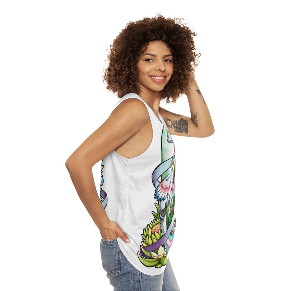 Dinosaur raptor unisex tank top with nature forest jungle design - women side