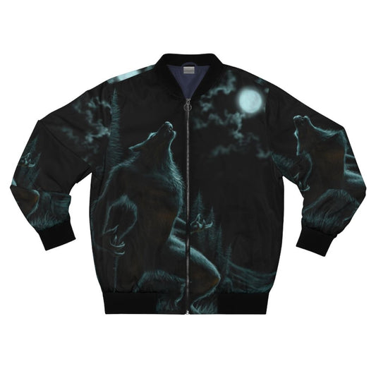 Werewolf-themed bomber jacket with howling wolf design under a full moon