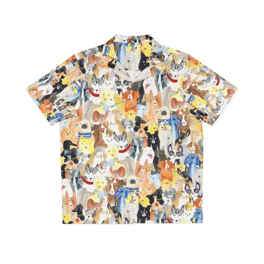 Colorful Hawaiian shirt featuring a playful watercolor print of various dog breeds