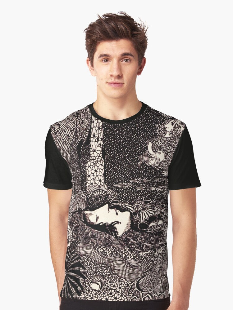 Vintage art nouveau-style graphic t-shirt featuring a sleeping fairy character inspired by the works of Edgar Allan Poe. - Men