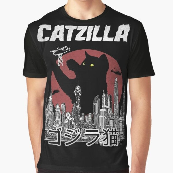 Catzilla, the cat version of Godzilla, on a vintage-style graphic t-shirt