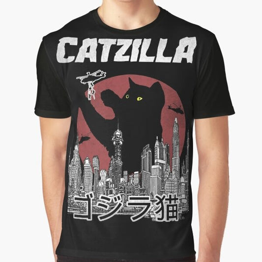 Catzilla, the cat version of Godzilla, on a vintage-style graphic t-shirt