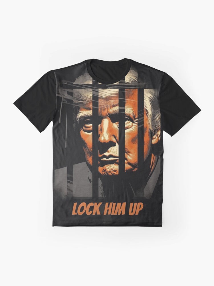 Graphic t-shirt design featuring the text "Lock Him Up" and an anti-Trump message. - Flat lay