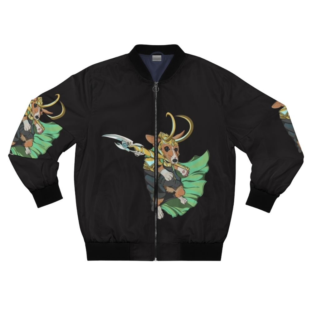 Bomber jacket with a Loki corgi of Asgard print