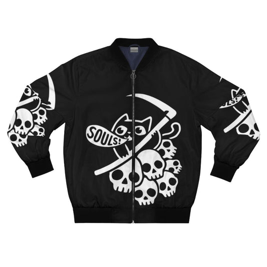 Dark Soul Cat Bomber Jacket with Grim Reaper and Skull Graphics