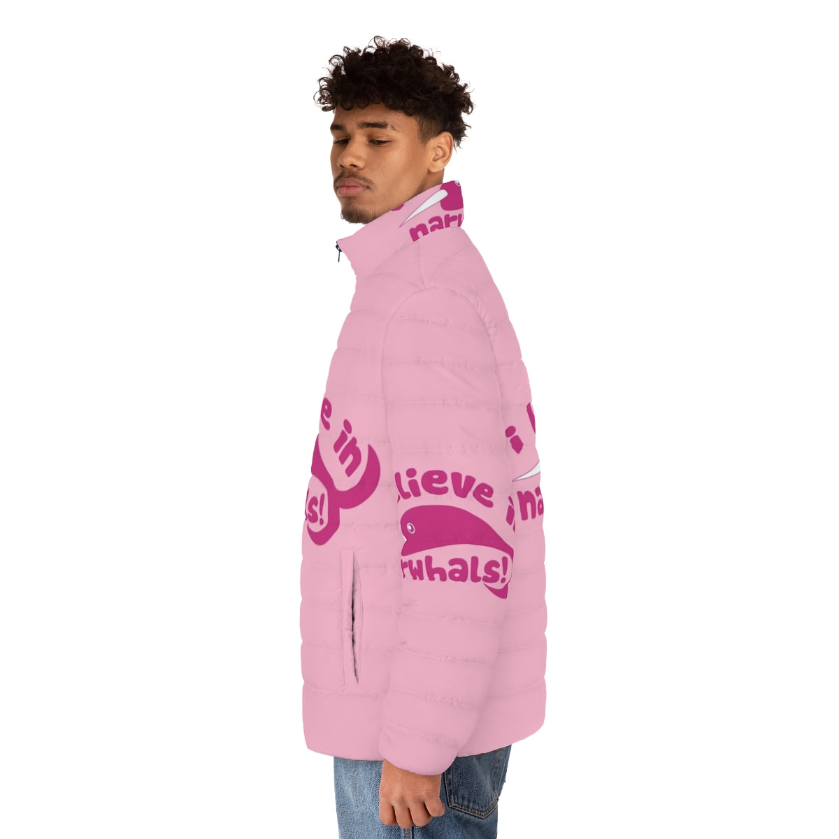 Narwhal puffer jacket with 'I Believe in Narwhals' text - men side left