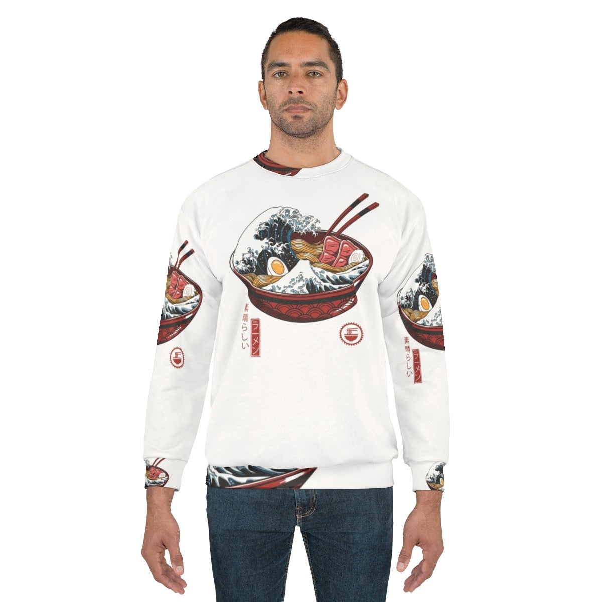 Japanese-inspired 'Great Ramen Wave' design on a white sweatshirt - men