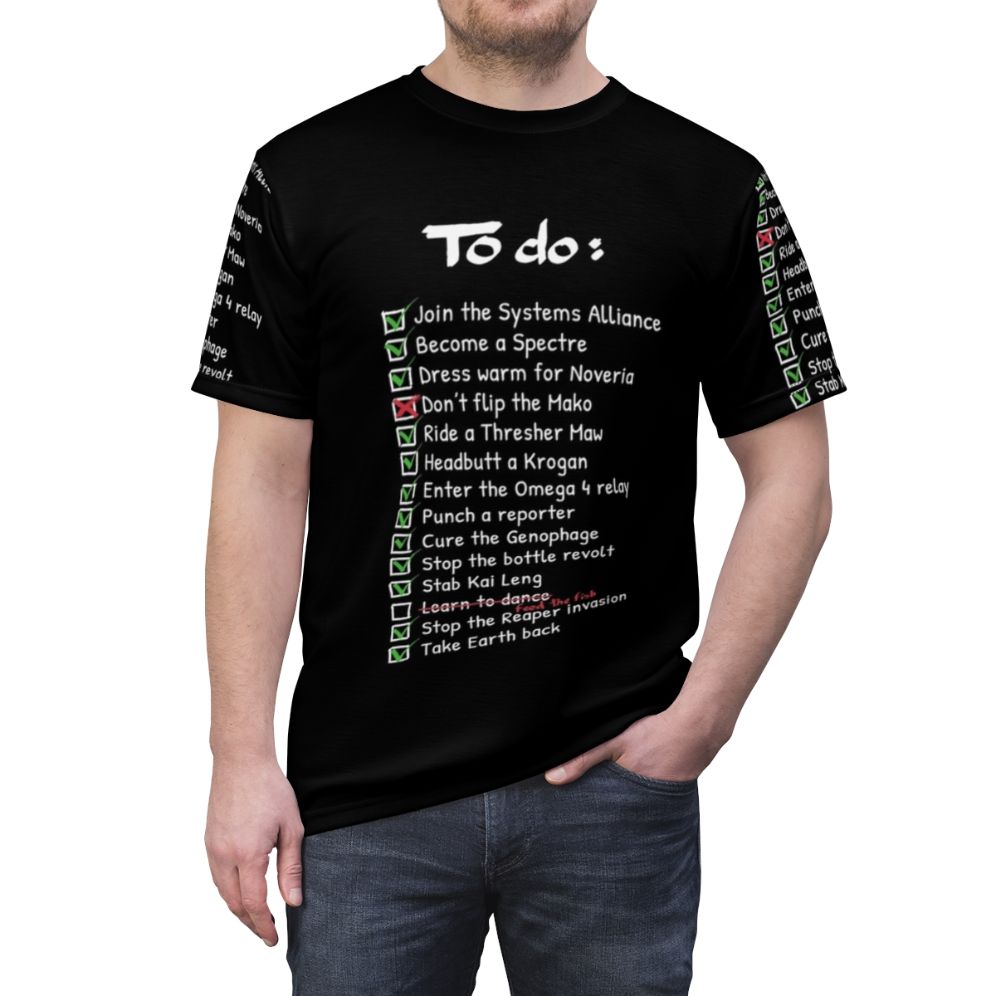 Commander Shepard's To-Do List gaming t-shirt featuring popular Mass Effect character and iconic video game imagery. - men front