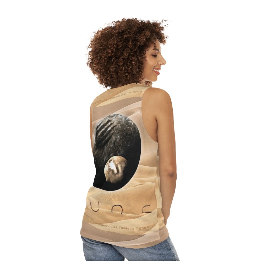 Dune movie inspired unisex tank top with planet and moon design - women back