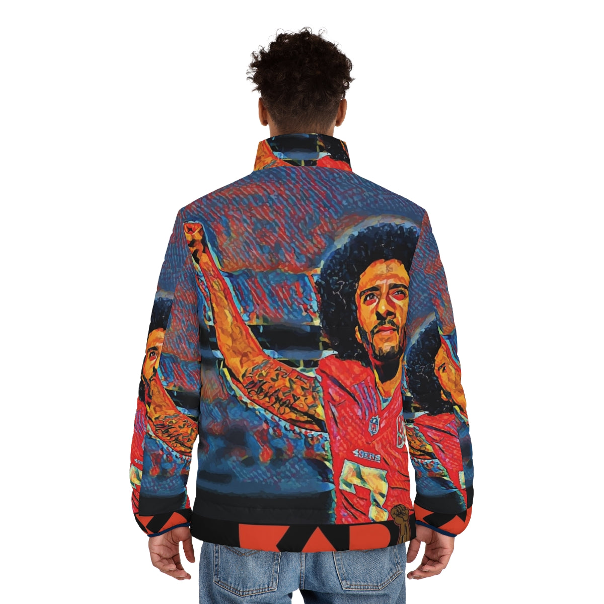 Liberator Kap Protest Puffer Jacket featuring iconic Colin Kaepernick kneeling pose - men back