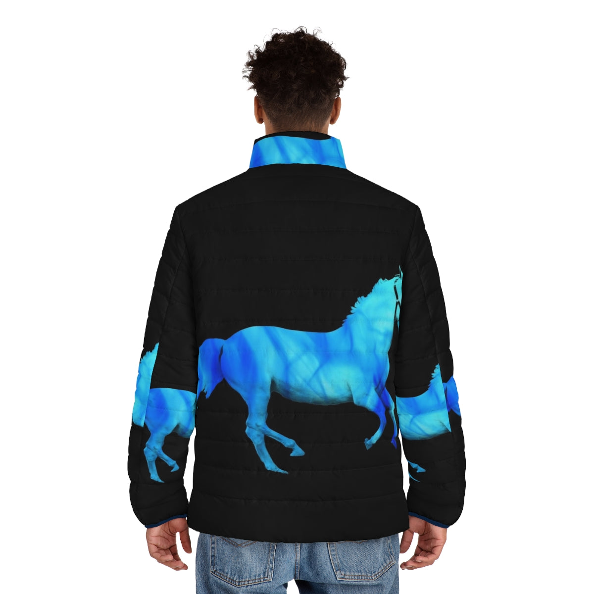 Flaming horse puffer jacket with a stallion graphic and vibrant blue color - men back