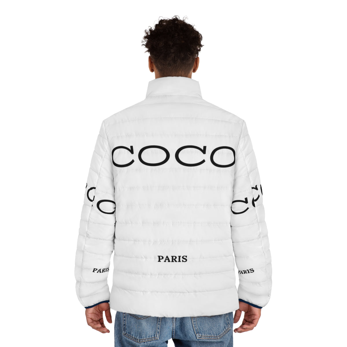 A woman wearing a Coco Paris puffer jacket, keeping warm and looking fashionable. - men back