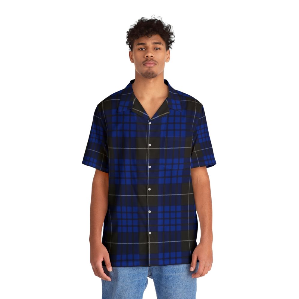 Blue and Black Tartan Plaid Hawaiian Shirt - People Front