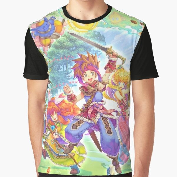 Secret of Mana retro RPG video game graphic t-shirt design featuring magic, mage, and warrior characters