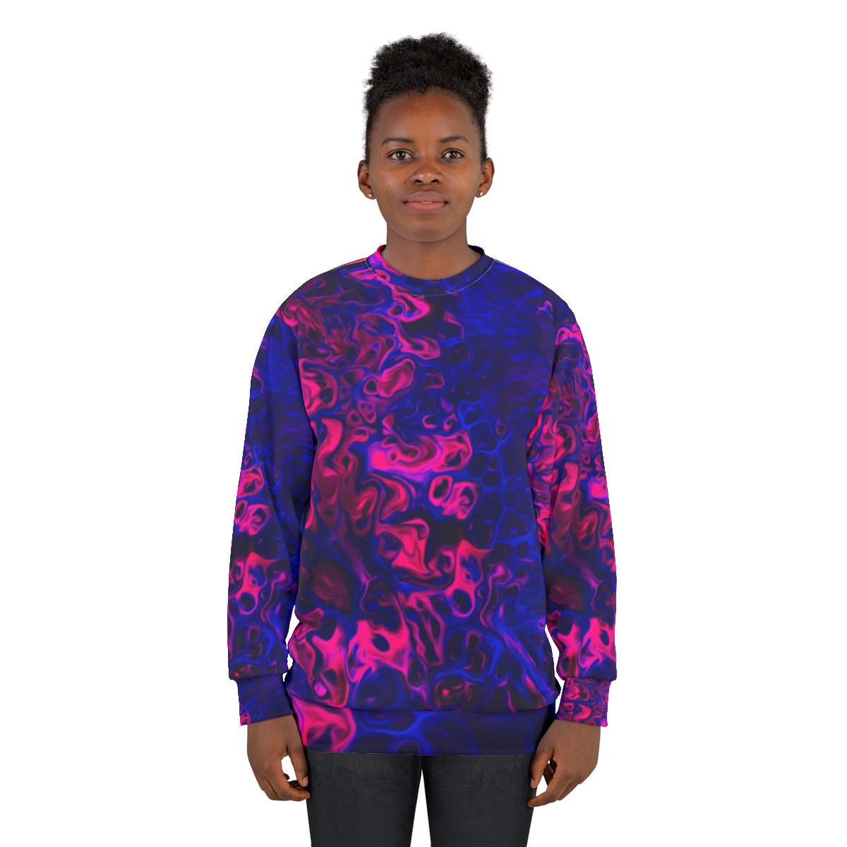 Blacklight poured acrylic sweatshirt with vibrant, energetic abstract pattern - women