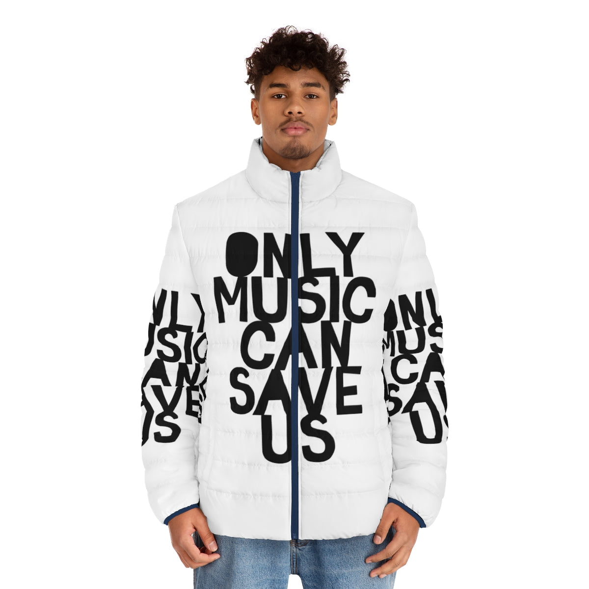 Puffer jacket with "Only Music Can Save Us" music quote and hand-drawn typography design - men front