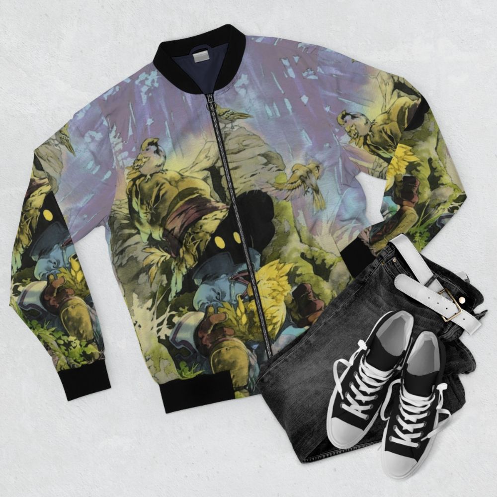 Vivi from Final Fantasy inspired bomber jacket with gaming and anime design elements - Flat lay