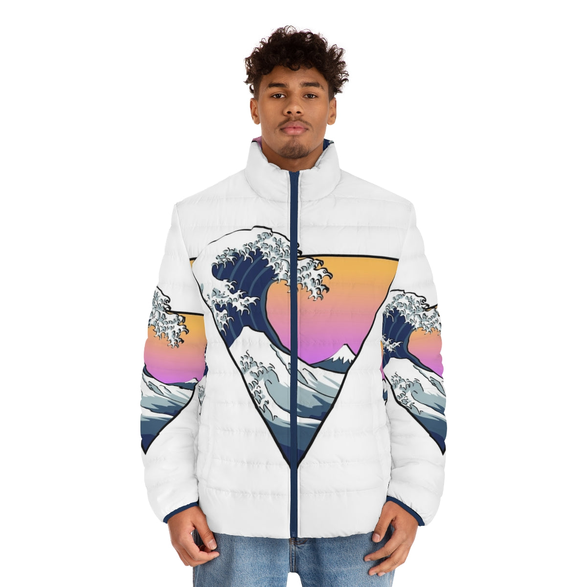 Puffer jacket with Great Wave of Kanagawa design, inspired by Japanese art - men front