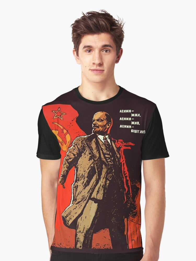 A graphic t-shirt design featuring the iconic image of Vladimir Lenin, the leader of the Bolshevik Revolution and founder of the Soviet Union. - Men