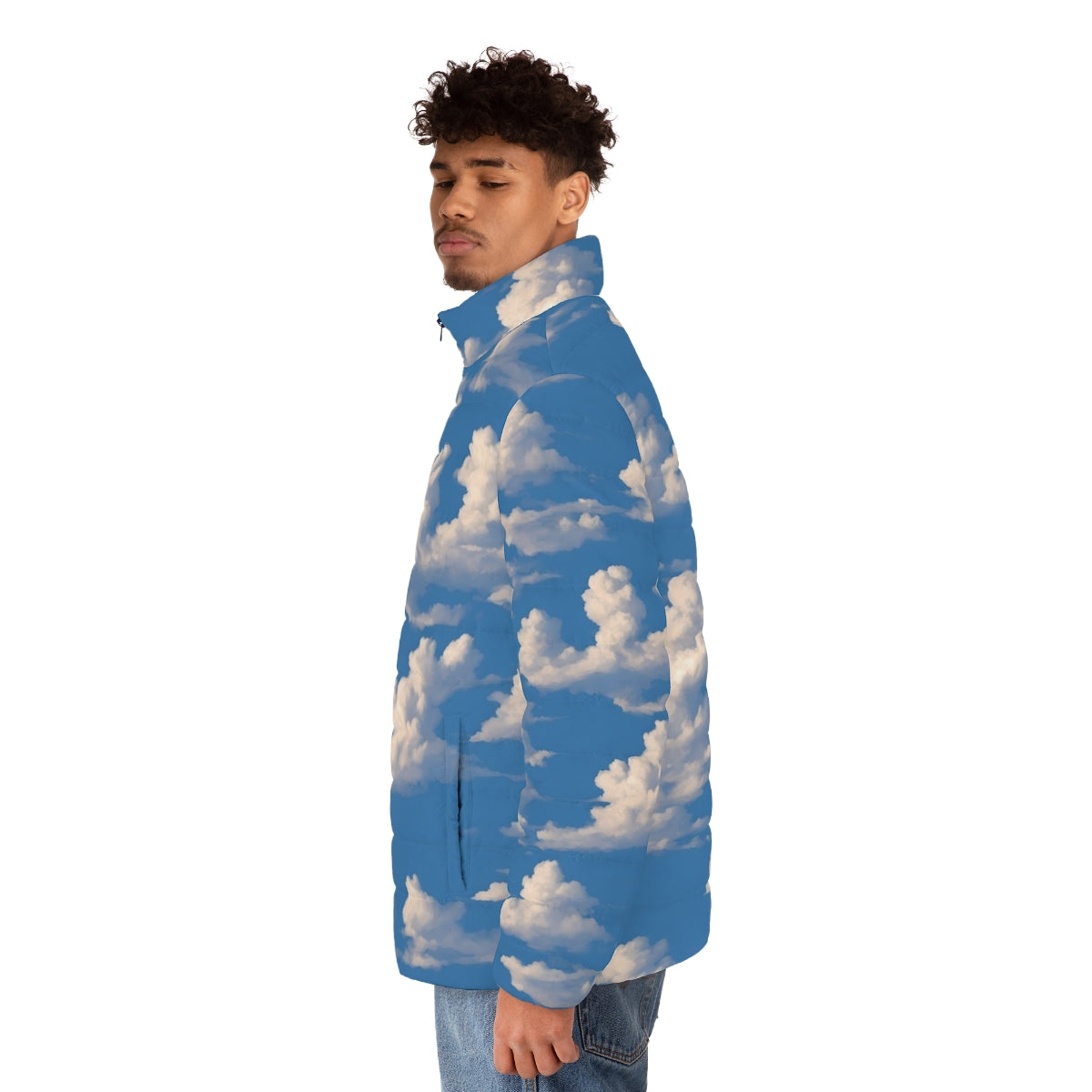 Cloudy sky puffer jacket with nature landscape design - men side left