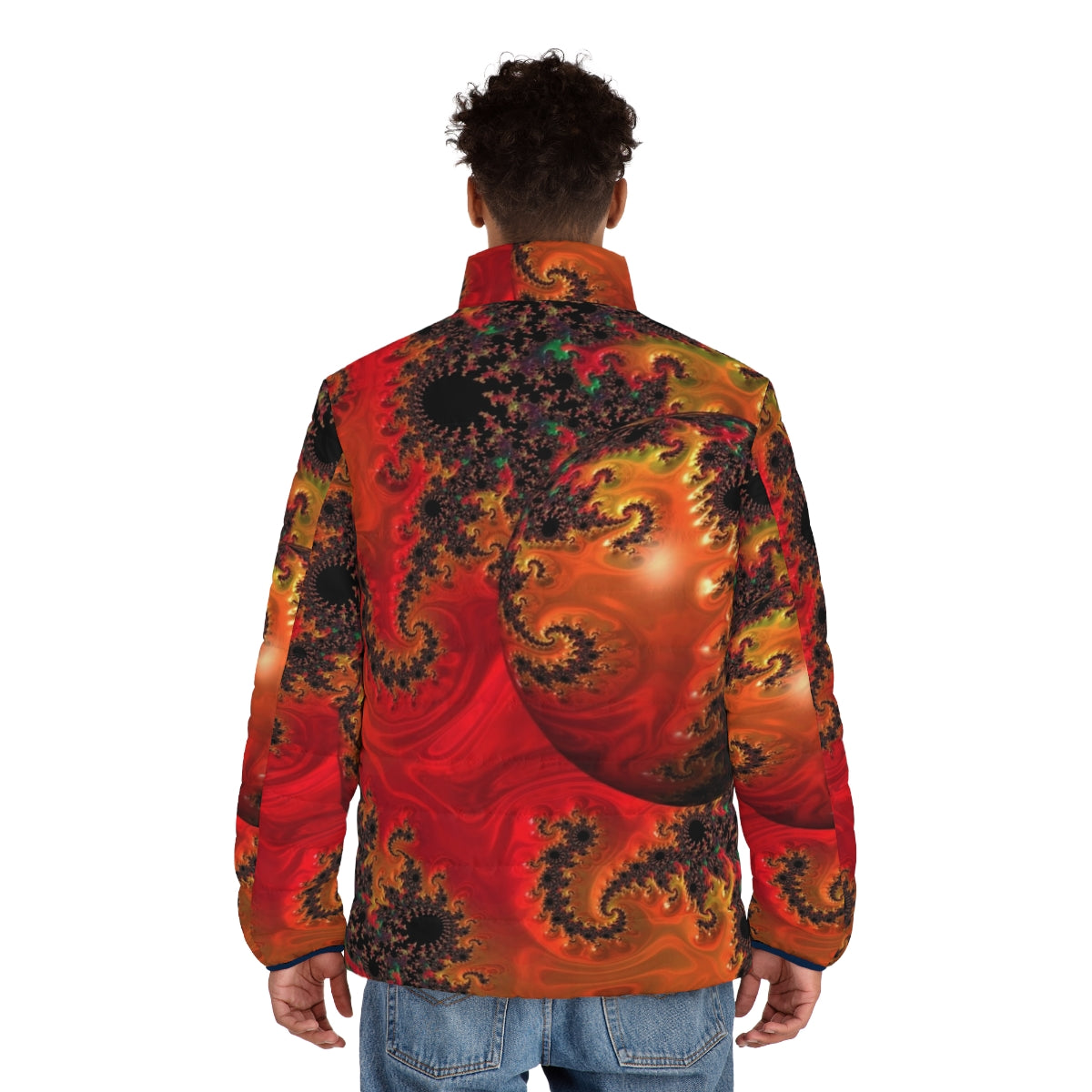 Vibrant and colorful puffer jacket featuring abstract spherical patterns, inspired by contemporary art - men back