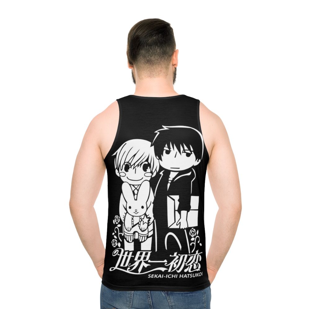 Unisex anime tank top featuring characters from the BL manga Sekai Ichi Hatsukoi - men back