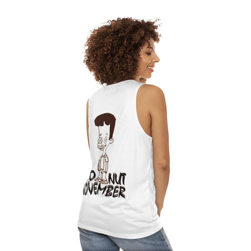 Unisex no nut november tank top with big mouth hormone monster design - women back