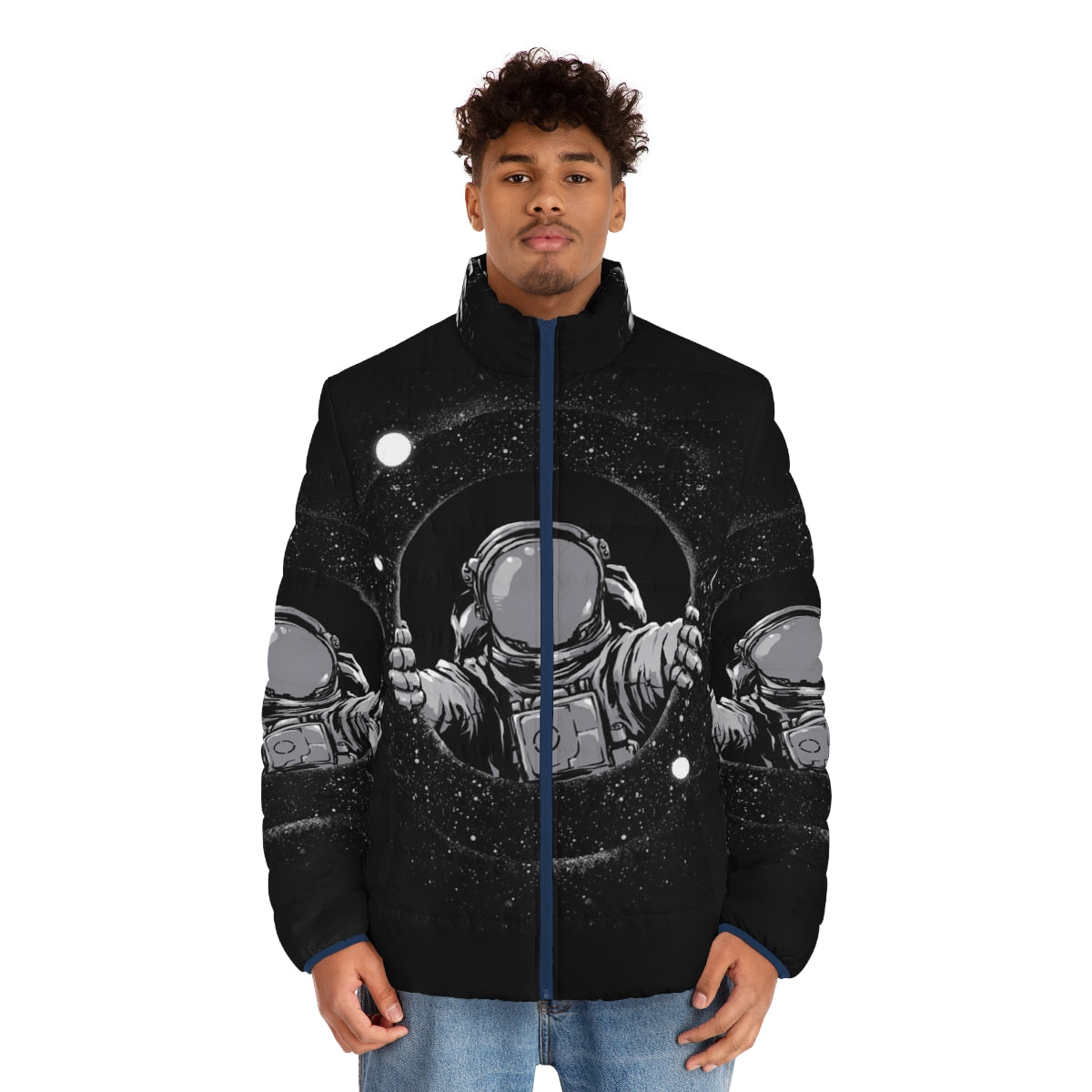 Black puffer jacket with a print of a black hole in space - men front