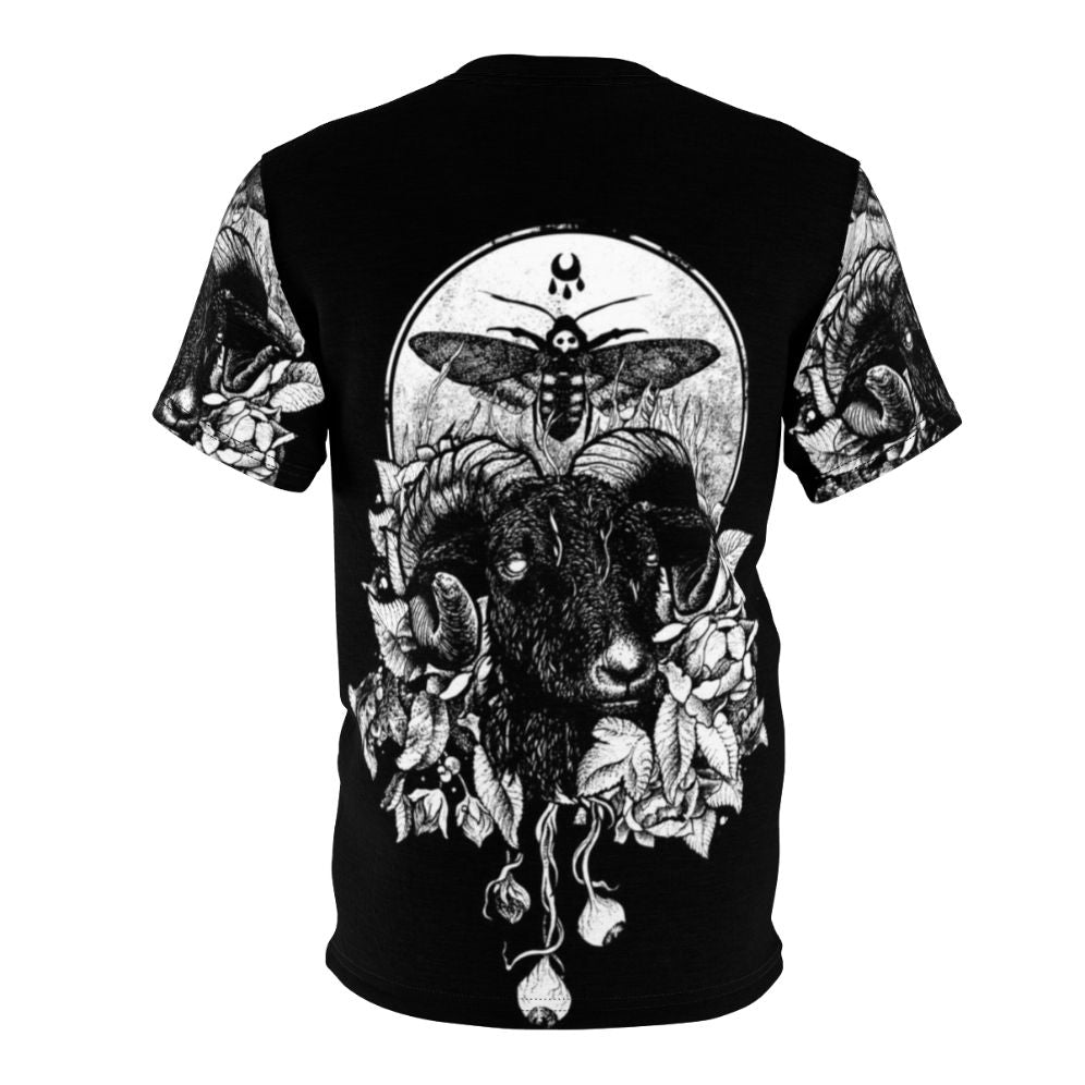 Mystical gothic-inspired t-shirt design featuring dark nature, occult symbols, animals, and floral artwork - Back