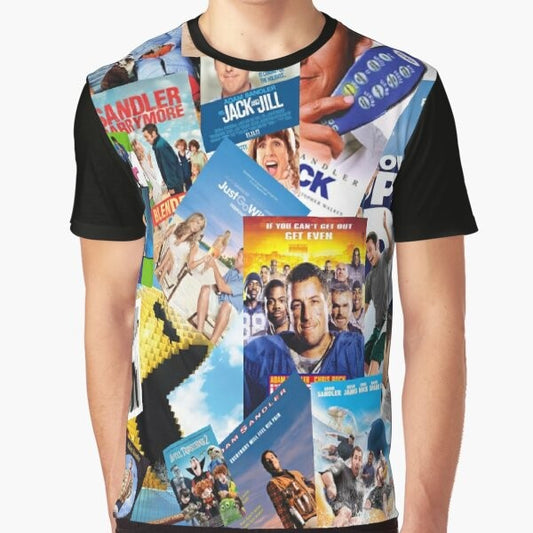 Adam Sandler graphic t-shirt featuring a collage design with references to his popular movies and characters