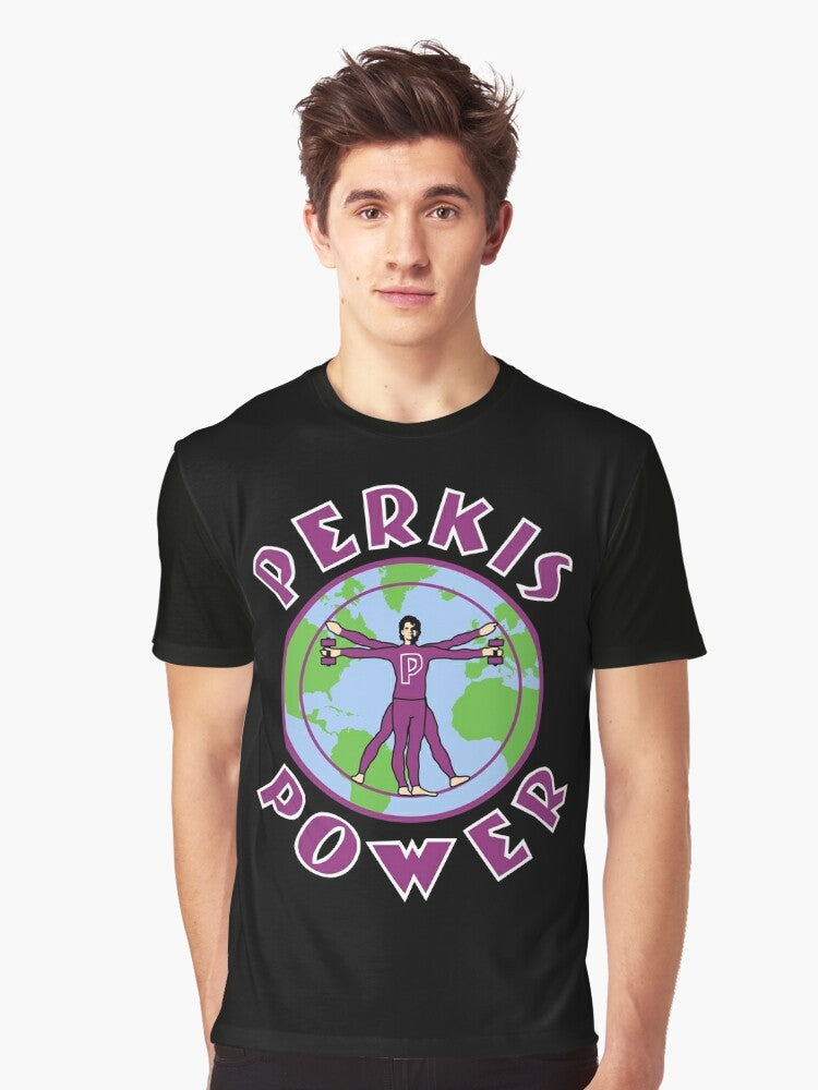 "Perkis Power Graphic T-Shirt featuring the iconic 90s movie character Tony Perkis from Heavyweights" - Men