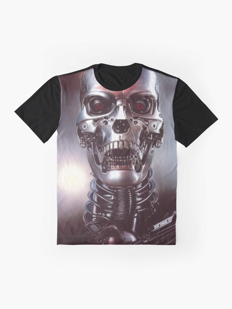 Graphic t-shirt featuring a detailed illustration of the iconic T-800 terminator robot - Flat lay