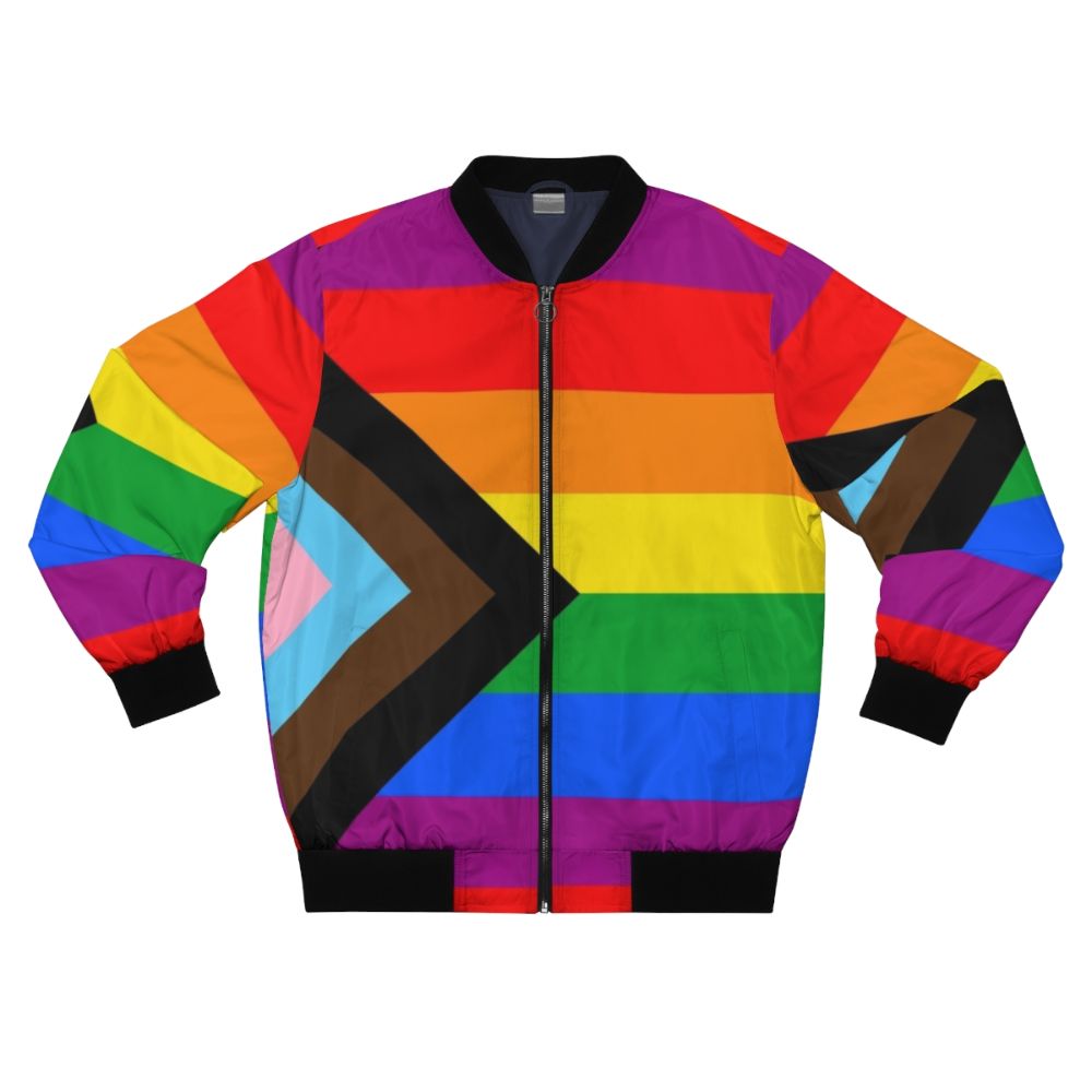 LGBTQ+ Progress Pride Flag Bomber Jacket - Celebrate Pride with this stylish and inclusive bomber jacket featuring the Progress Pride Flag design.