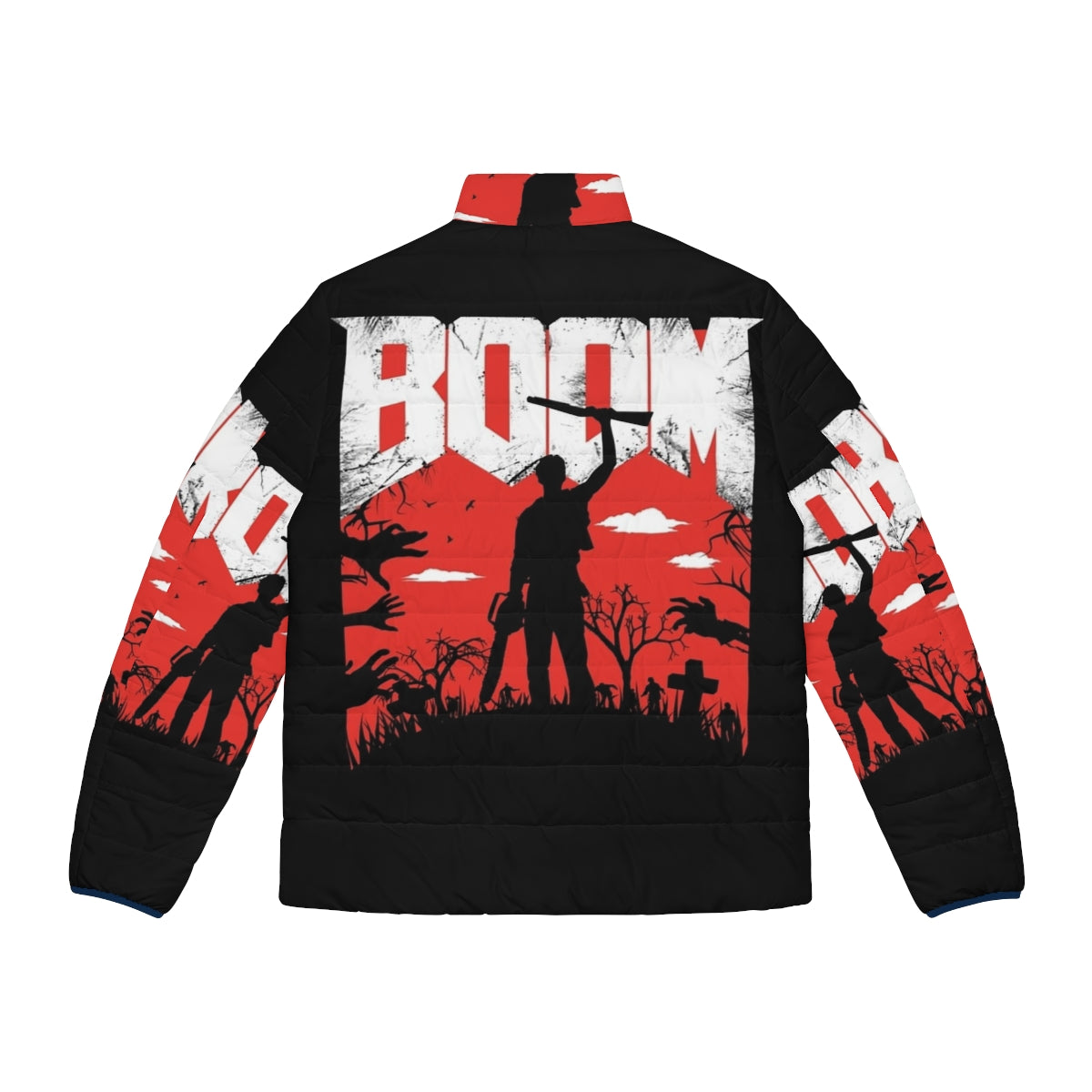 Boomstick puffer jacket with red and black design, featuring references to the Evil Dead franchise and Army of Darkness - Back