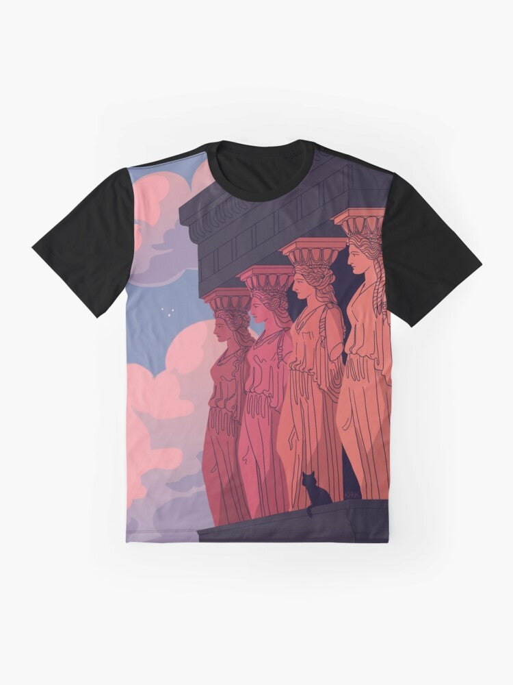 Graphic t-shirt featuring caryatids at dusk, an iconic element of ancient Greek architecture - Flat lay