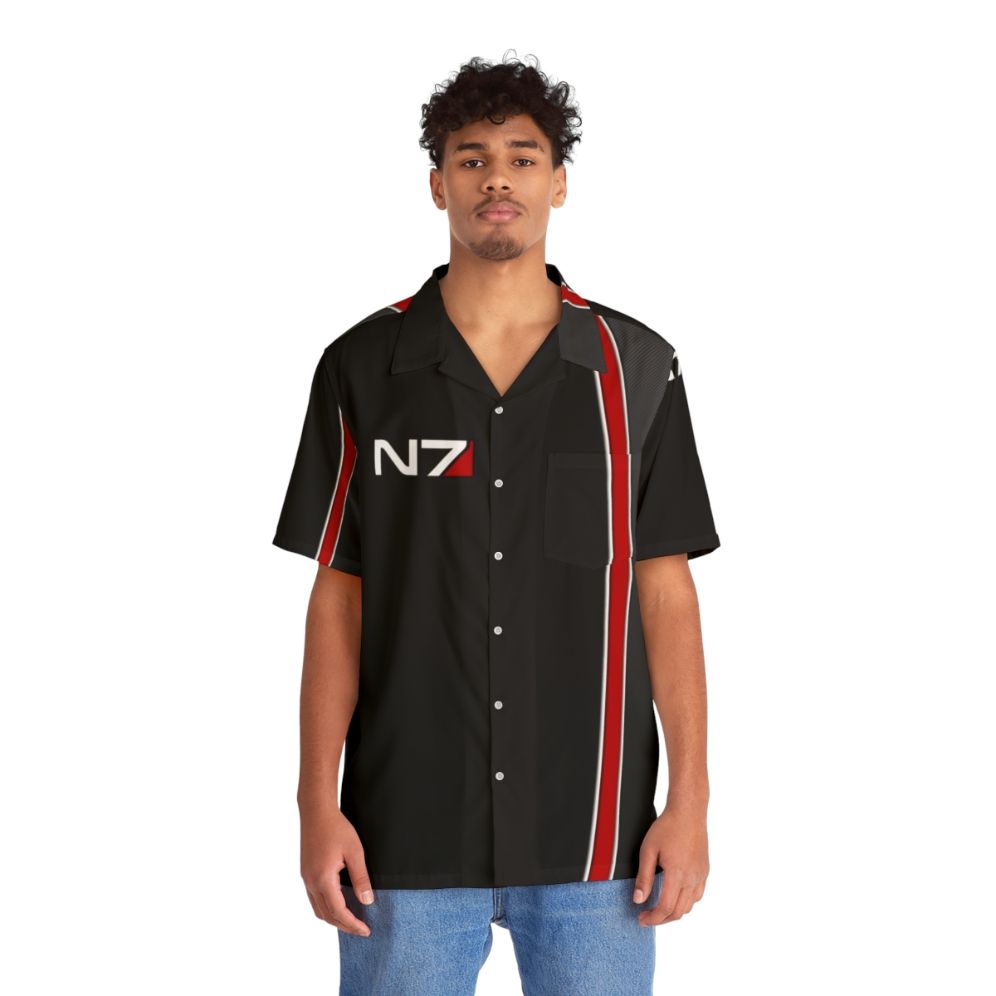 N7 Mass Effect Hawaiian Shirt with iconic N7 logo and Reapers - People Front