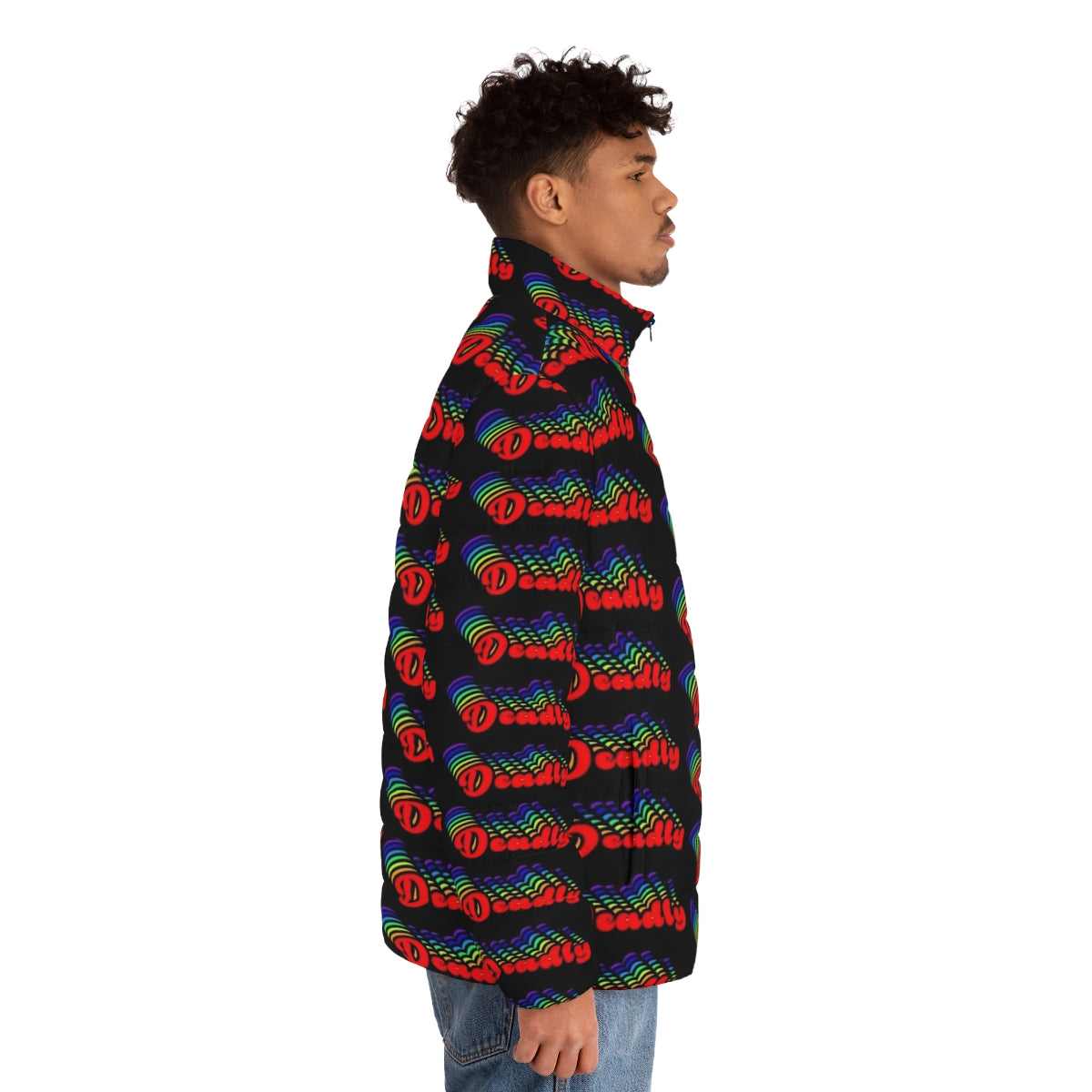 Vibrant rainbow puffer jacket in a retro 70s style - men side right