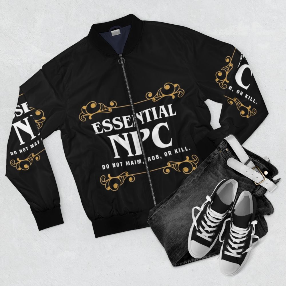 Dungeons & Dragons NPC Gaming Bomber Jacket with dungeon, dragon, and roleplaying game elements - Flat lay