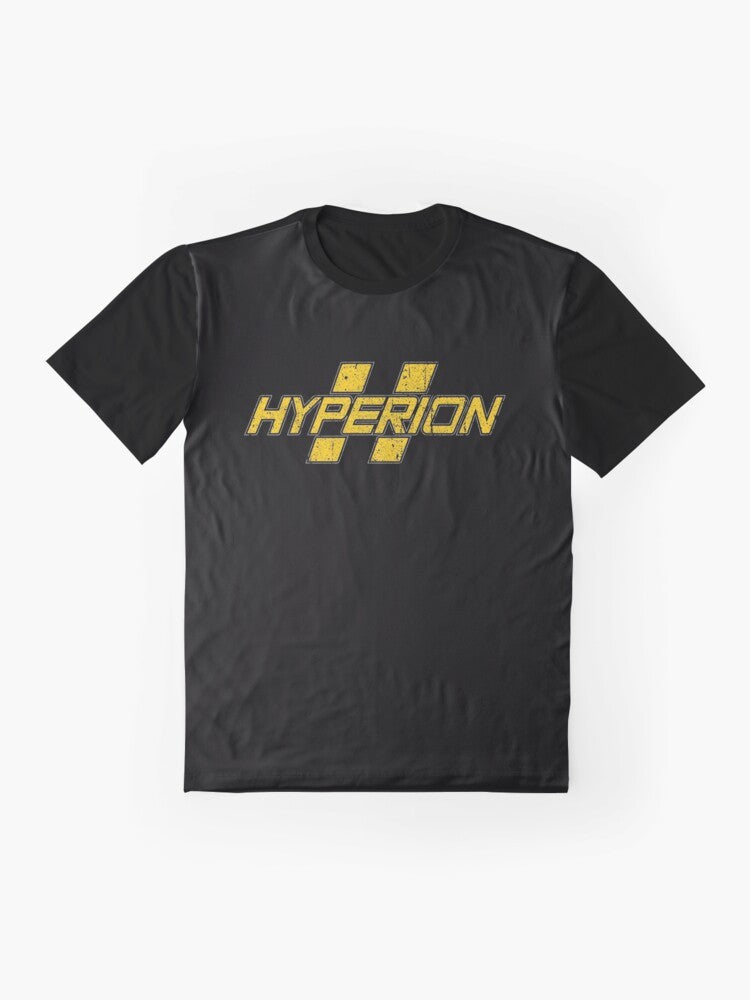 Hyperion graphic t-shirt featuring video game characters and elements - Flat lay