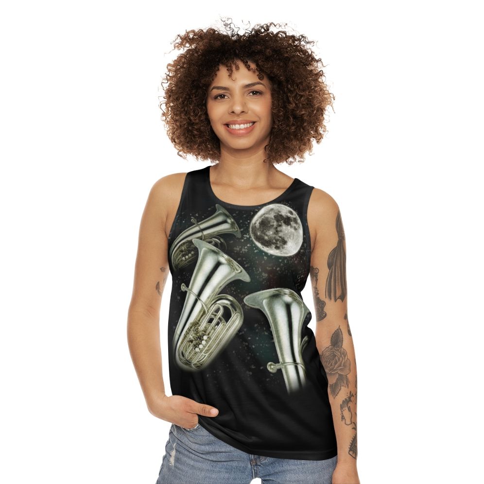 Unisex tank top with three-moon design and brass instruments - women