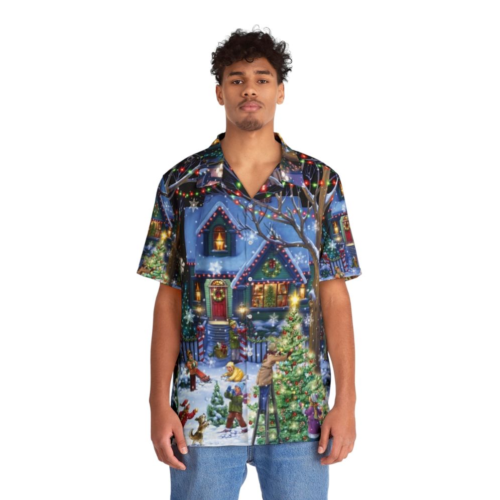 Decorative Christmas Hawaiian Shirt with holiday icons and tropical patterns - People Front