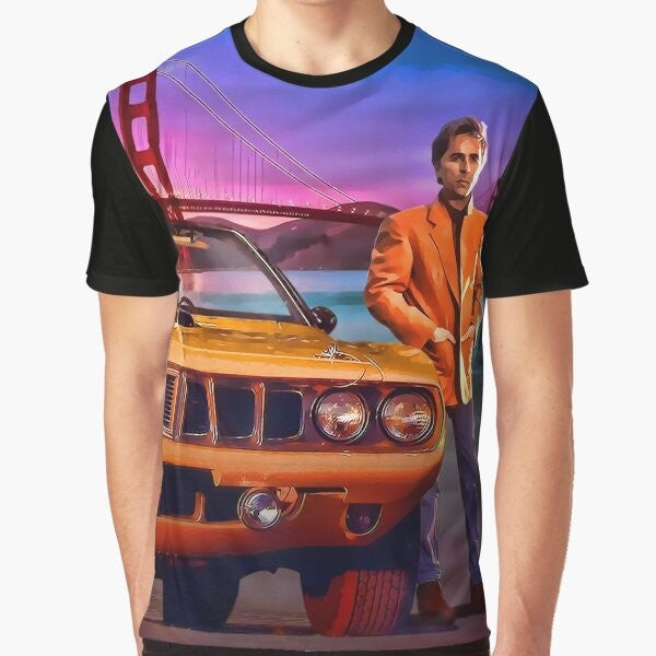 Nash Bridges San Francisco Graphic T-Shirt with Vintage Police Car, Golden Gate Bridge, and Sunset