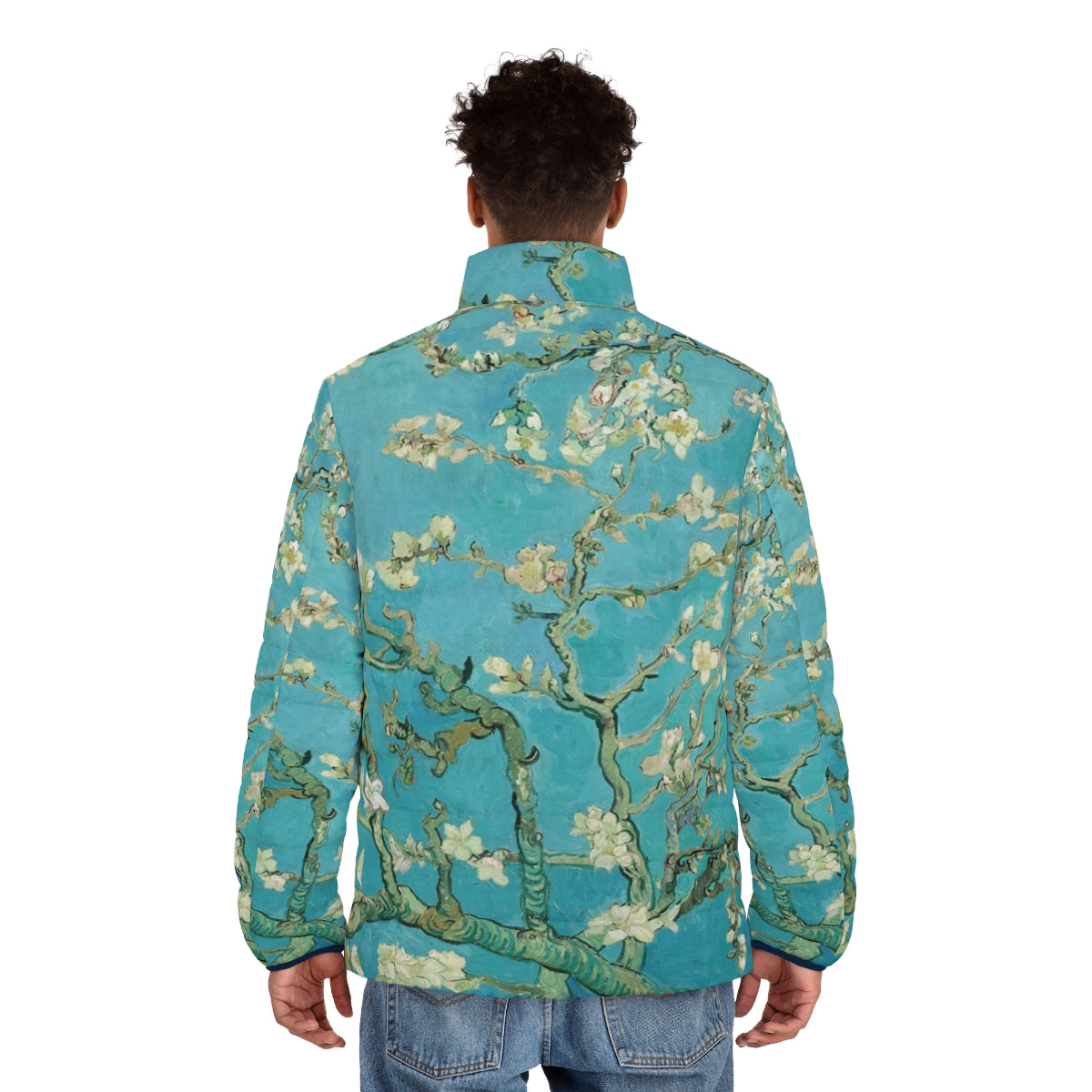 Almond blossom puffer jacket featuring Vincent Van Gogh's impressionist art - men back