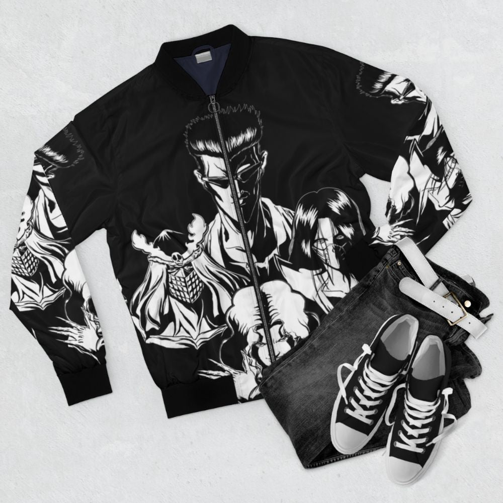 A bomber jacket featuring the Toguro brothers from the anime series Yu Yu Hakusho. - Flat lay