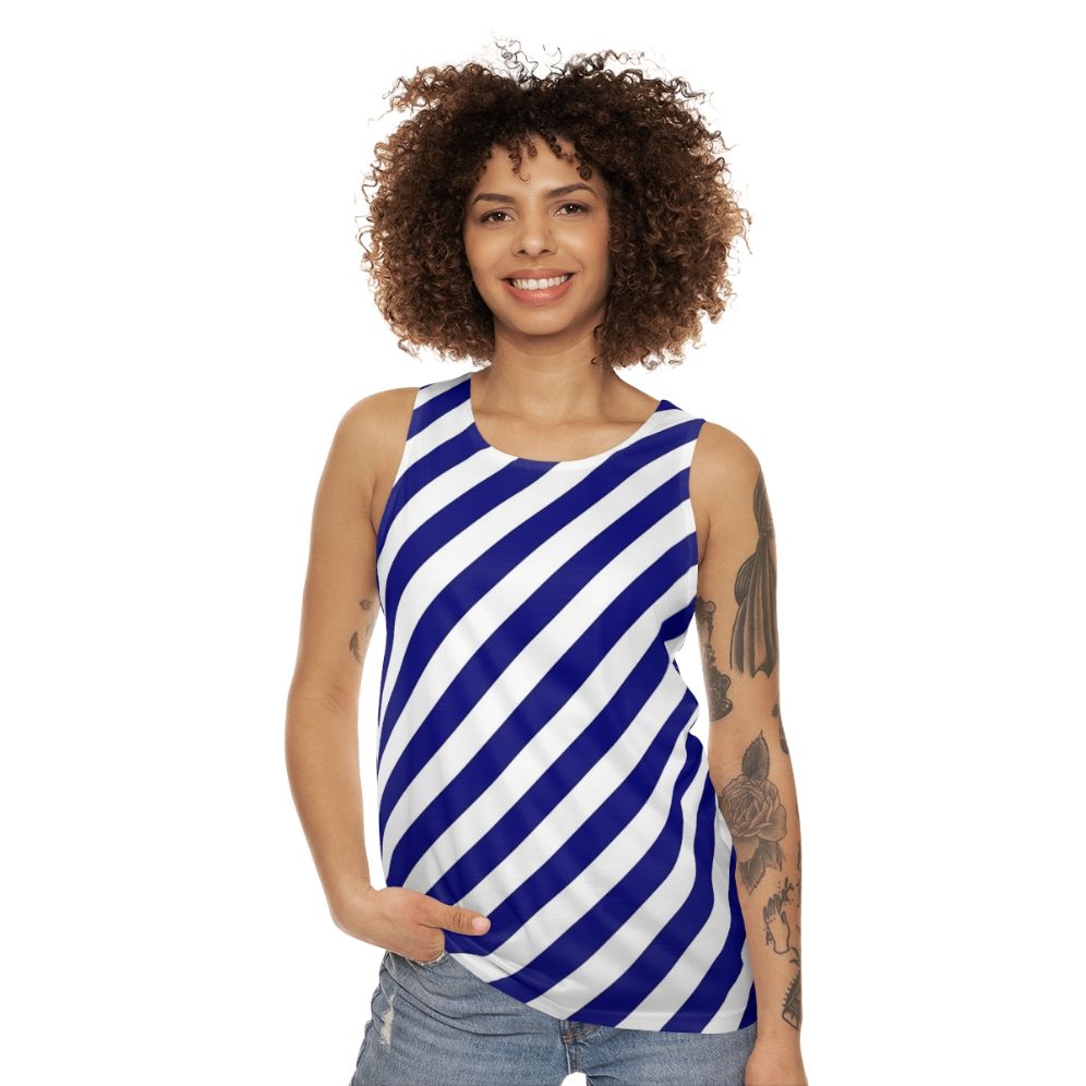 Blue and white diagonal striped unisex tank top - women