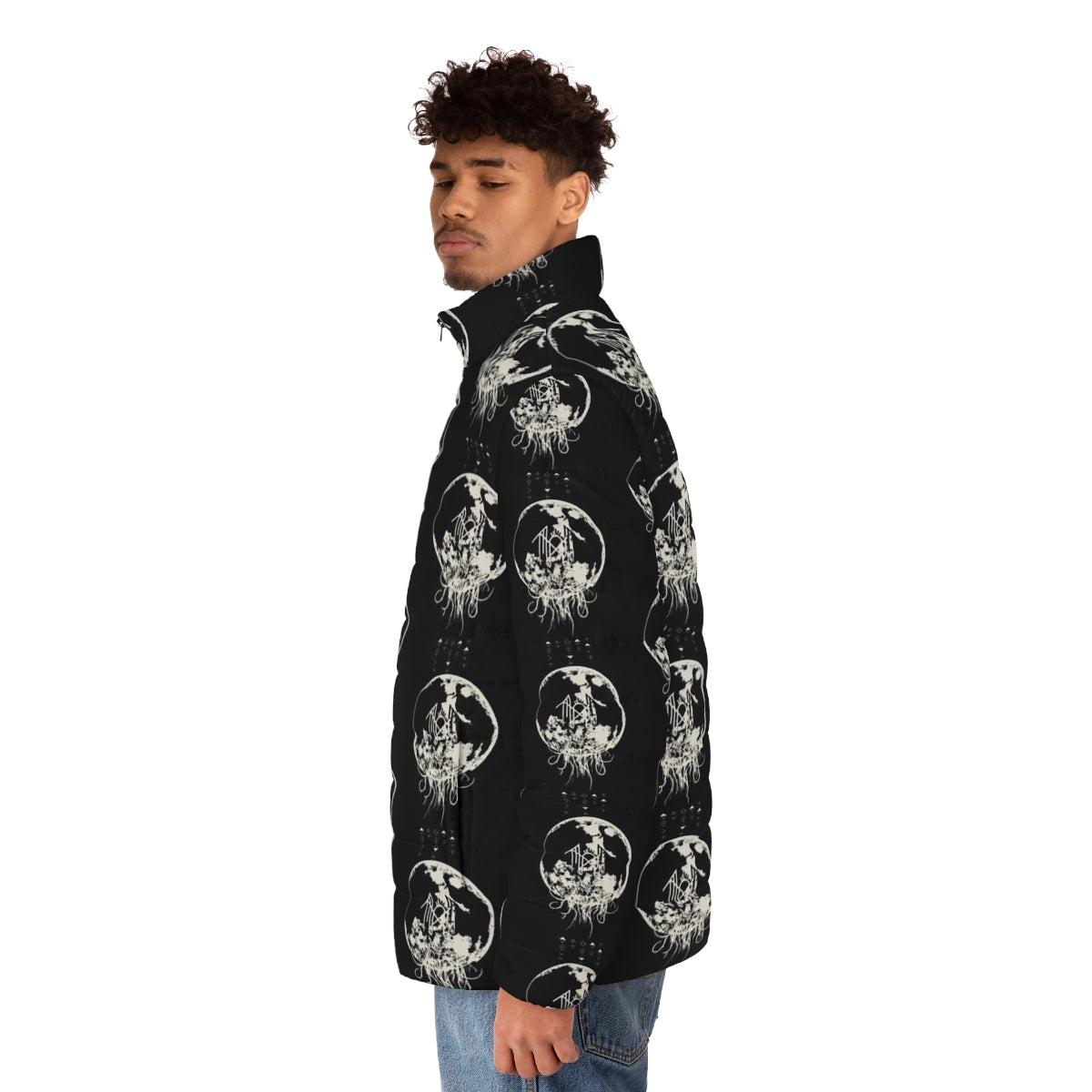 Shimmering moon puffer jacket with Sleep Token band logo - men side left