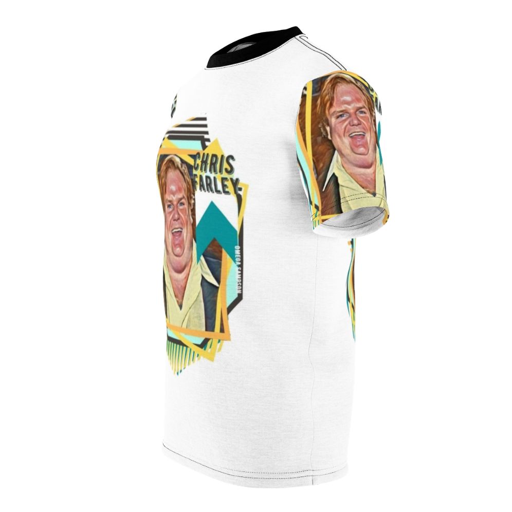 Retro-style t-shirt featuring an illustration of comedian Chris Farley - men left